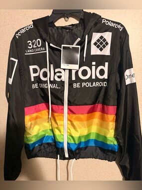 Polaroid Kids' Black Hooded Rain Jacket with Rainbow Stripes